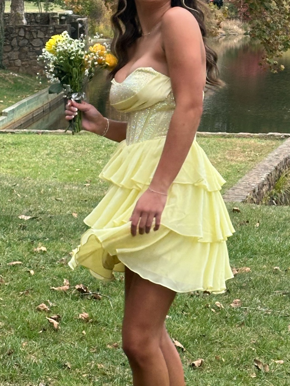 STACEE’S Homecoming Strapless Yellow Tiered Ruffle Mini Dress - Picture 3 of 4